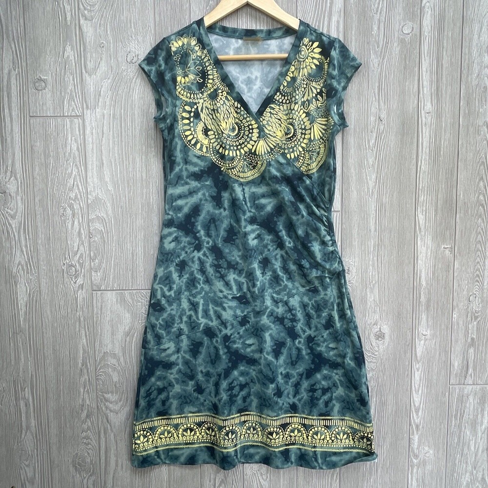 Athleta Dress Women‎ Medium Aqua Tie Dye Nectar Tattooed Surplice Ruched Side